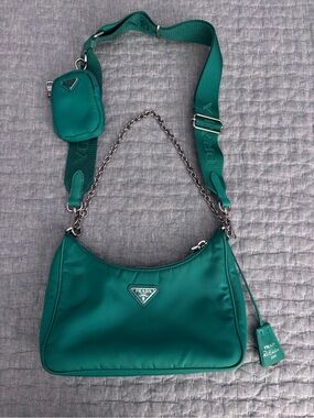 Prada Emerald Green Nylon Shoulder Bag with Wide Logo Strap and Pouch